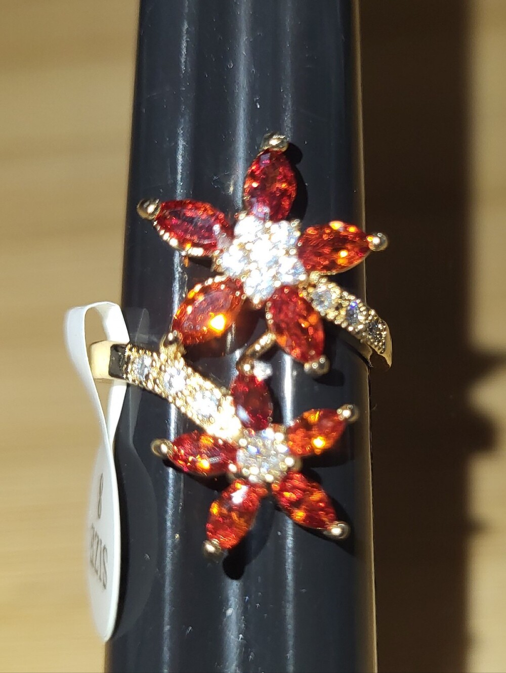 18K Gold Filled Ring Garnet And Swarovski Crystals- Elegant Women's Jewelry Sz 8